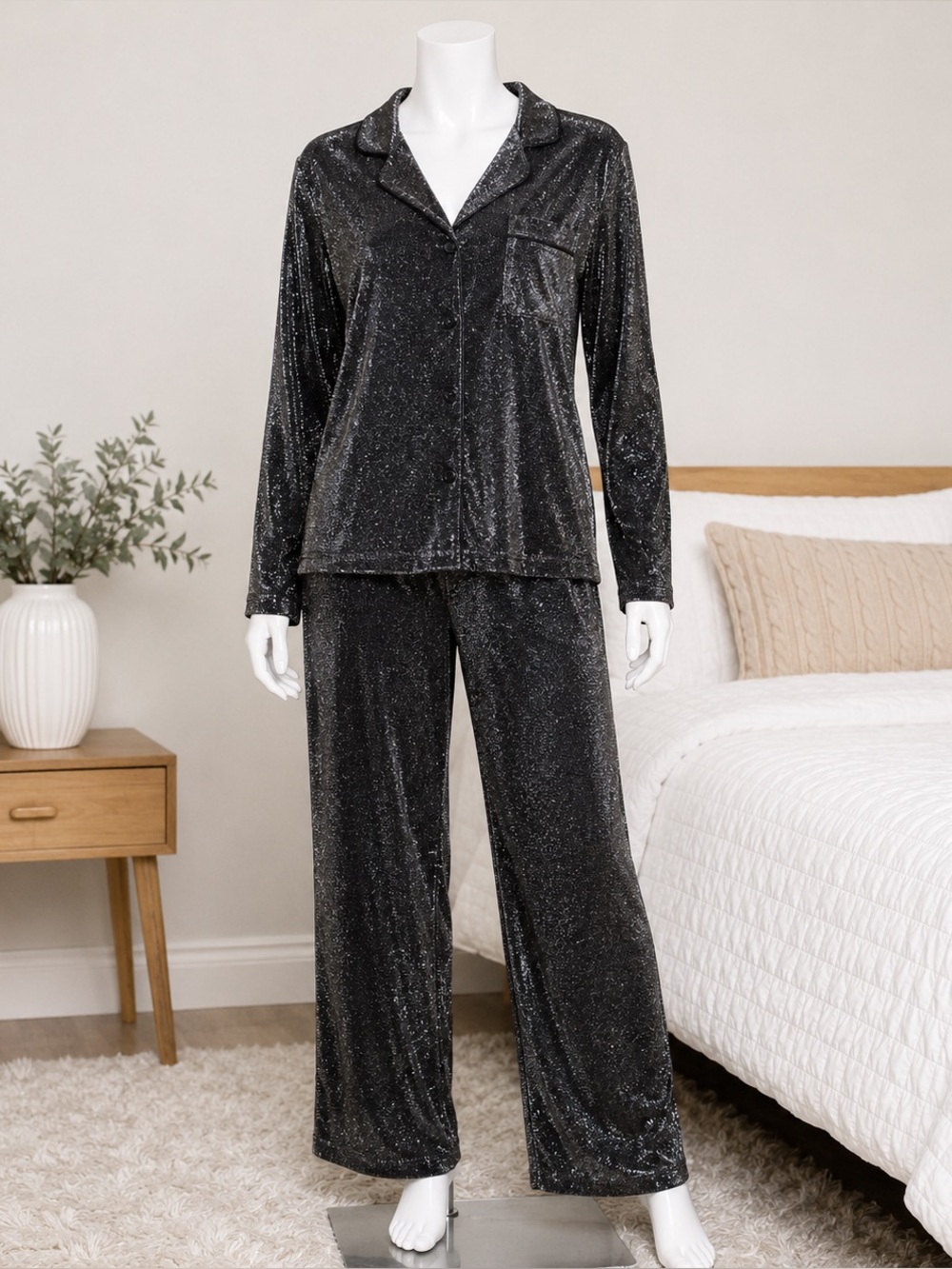 NWT Rachel Zoe Black Metallic Shimmer 2-Piece Sleepwear Pajama Set Womens Medium